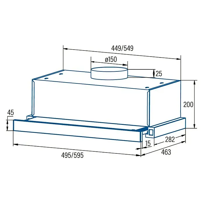 Cata Campana extensible TFB-5160 X - Ancho: 59,5 cm, 300 m³/h, Acero inoxidable - Dibujo esquemático de una campana extractora con medidas para el montaje e instalación. Dimensiones precisas para una fácil integración en cualquier cocina.