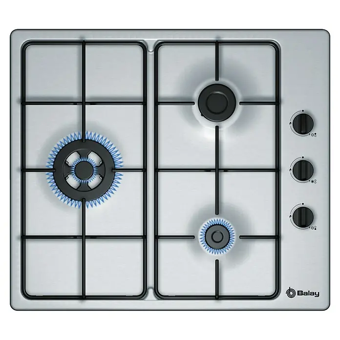 Balay Placa de cocción de gas 3ETX463MB - L x An: 51 x 58 cm, Número de quemadores de gas: 3 ud. - Encimera con dos quemadores de gas encendidos y tres mandos para regular la llama, marca Balay.