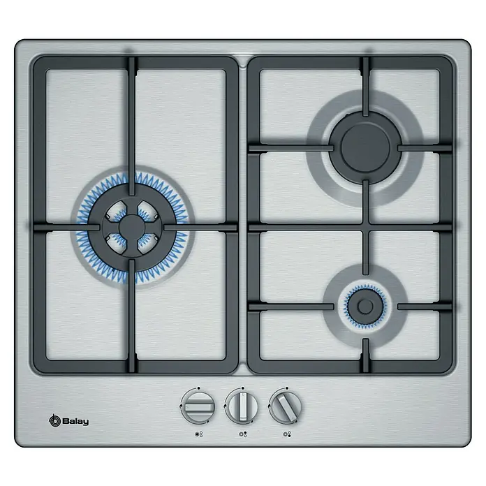 Balay Placa de cocción de gas 3ETX563HB - L x An: 52 x 58,2 cm, Número de quemadores de gas: 3 ud. - Una placa de gas Balay con cuatro quemadores, uno de los cuales está en funcionamiento. La placa es de acero inoxidable con rejillas de hierro fundido negro.