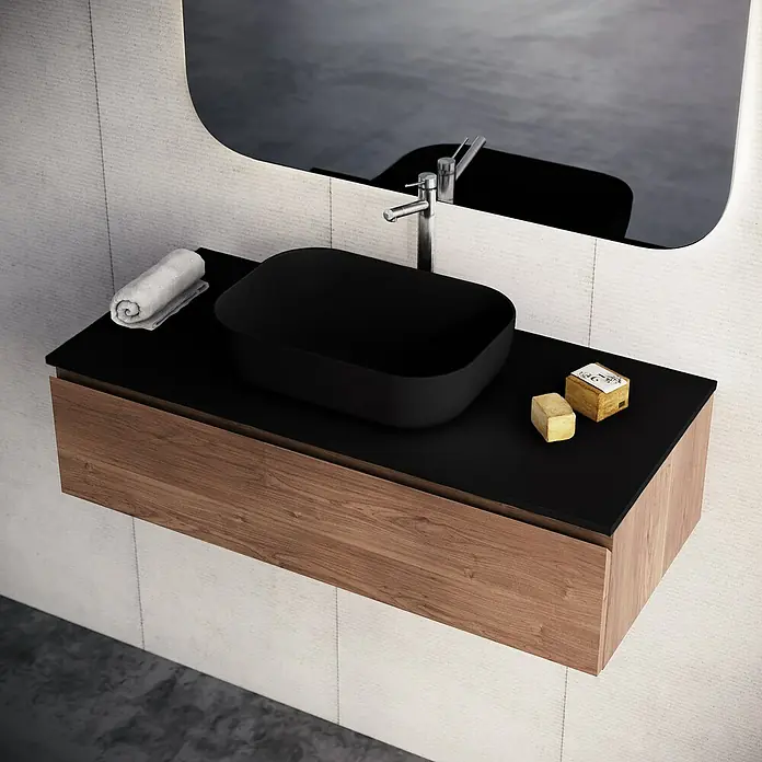 Lavabo y encimera Stadium - 46 x 101 cm, Negro - Mueble de baño moderno con lavabo negro y armario de madera.
