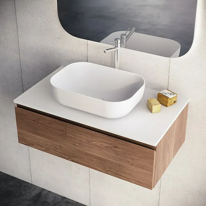 Lavabo y encimera Stadium - 46 x 81 cm, Blanco - Elegante lavabo de baño con mueble de madera y espejo estiloso para un ambiente moderno.