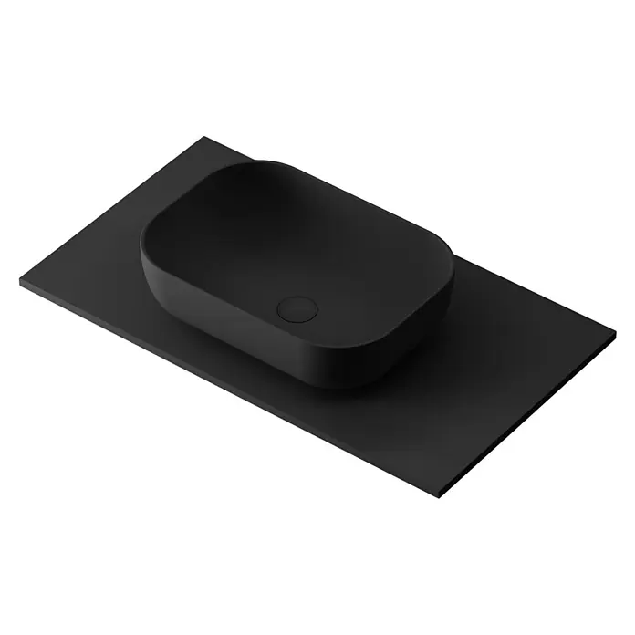 Lavabo y encimera Stadium - 46 x 81 cm, Negro - Lavabo de encimera negro con esquinas redondeadas sobre una placa negra. Diseño elegante para baños modernos con un aspecto minimalista.