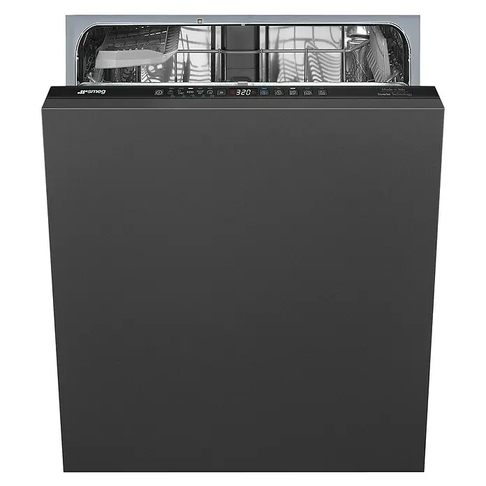 Smeg Lavavajillas integrable ST292D - Ancho: 59,8 cm, Número de cubiertos: 13 ud. - Lavavajillas Smeg gris abierto con pantalla digital e interior de acero inoxidable para platos limpios.