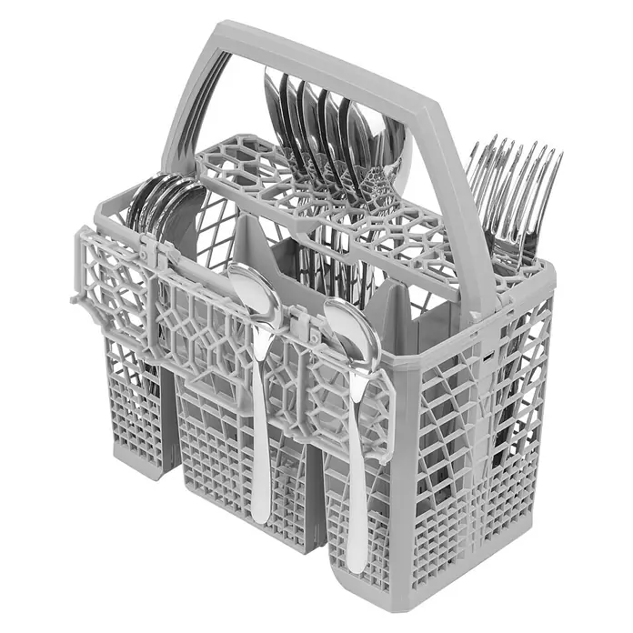 Smeg Lavavajillas integrable ST292D - Ancho: 59,8 cm, Número de cubiertos: 13 ud. - Un cesto para cubiertos de lavavajillas lleno de cubertería limpia. El cesto es de color gris claro y tiene un asa para facilitar su transporte.