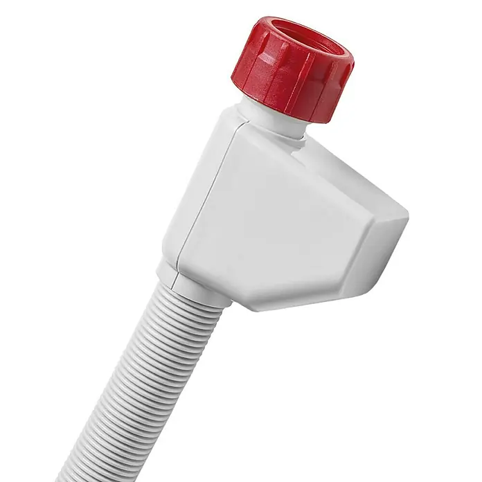 Smeg Lavavajillas integrable ST292D - Ancho: 59,8 cm, Número de cubiertos: 13 ud. - Primer plano de una manguera de desagüe de sifón con conector rojo y carcasa de plástico blanca.