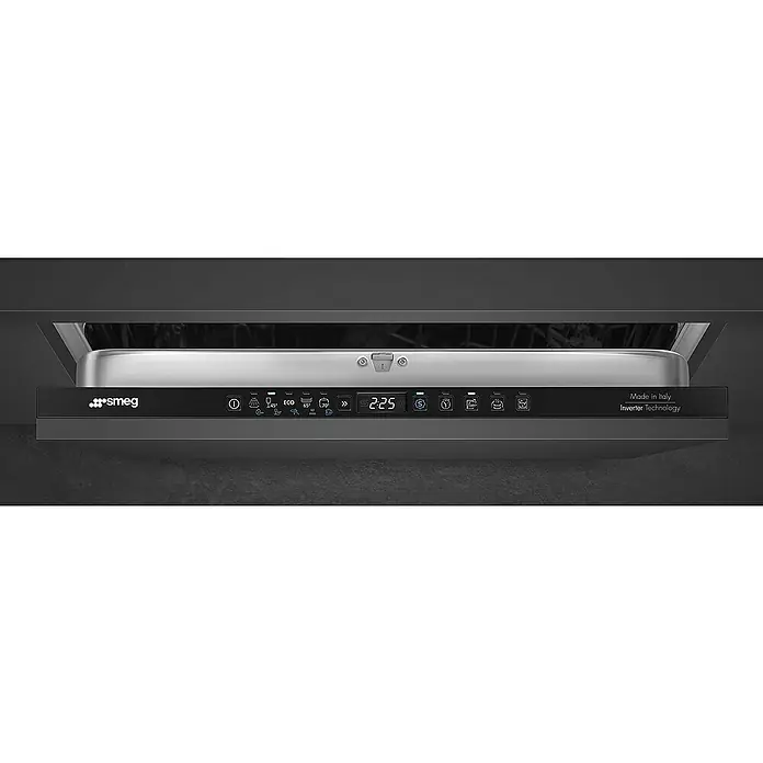 Smeg Lavavajillas integrable ST292D - Ancho: 59,8 cm, Número de cubiertos: 13 ud. - La imagen muestra un lavavajillas Smeg con pantalla digital y varias configuraciones de programas. La marca Smeg conocida por su calidad.