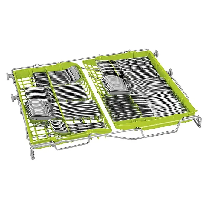 Smeg Lavavajillas integrable ST363CL - Ancho: 59,8 cm, Número de cubiertos: 13 ud. - Cesto para utensilios de lavavajillas verde claro lleno de cubiertos limpios y brillantes.