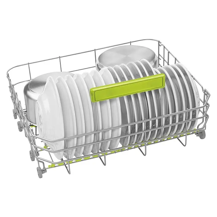 Smeg Lavavajillas integrable ST292D - Ancho: 59,8 cm, Número de cubiertos: 13 ud. - Vista de una cesta de lavavajillas llena de platos y ollas blancos limpios, lista para el próximo uso. El soporte parece bien organizado y práctico.