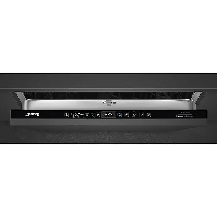 Smeg Lavavajillas integrable ST363CL - Ancho: 59,8 cm, Número de cubiertos: 13 ud. - Primer plano de un lavavajillas Smeg con un moderno panel de control que ofrece varios programas de lavado y una pantalla digital.