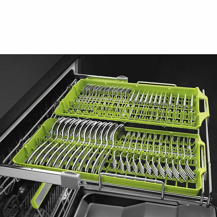 Smeg Lavavajillas integrable ST363CL - Ancho: 59,8 cm, Número de cubiertos: 13 ud. - Lavavajillas con cajones para cubiertos llenos de cubiertos de plata limpios. Almacenamiento práctico y ordenado después del enjuague.