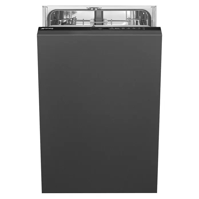 Smeg Lavavajillas integrable ST4512IN - Ancho: 44,6 cm, Número de cubiertos: 9 ud. - Vista frontal de un lavavajillas Smeg en gris elegante, con la puerta ligeramente abierta para mostrar el interior y la cesta para platos.