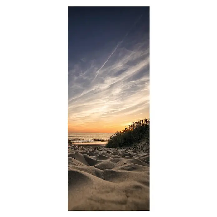 SanDesign Duschrückwandmuster Alu-Verbundplatte - 17,5 cm x 7 cm x 8 mm, Sonnenuntergang - Stimmungsvolles Strandbild bei Sonnenuntergang mit Sanddünen und weitem Himmel, das eine ruhige Atmosphäre vermittelt.