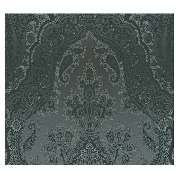 A.S. Création My Home My Spa Vliestapete Damask Paisley - Schwarz, Ornament, 10,05 x 0,53 m - Eine Nahaufnahme eines grauen Damast-Tapetenmusters mit komplizierten floralen und Paisley-Designs.