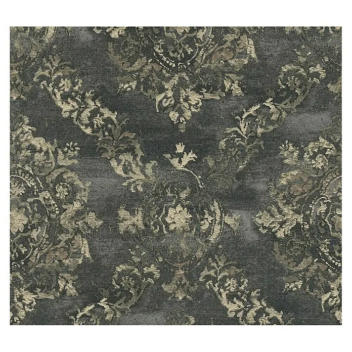 A.S. Création My Home My Spa Vliestapete Damask - Schwarz-Metallic, Ornament, 10,05 x 0,53 m - Ein kompliziertes, dunkelgraues Damastmuster mit goldenen Akzenten, das eine luxuriöse und elegante Textur für jeden Raum schafft.