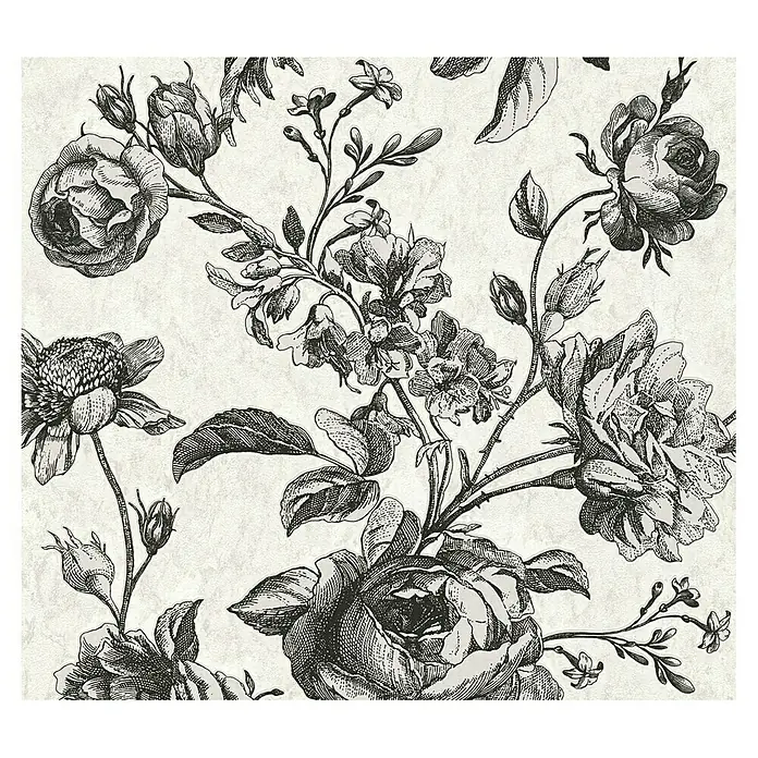 A.S. Création My Home My Spa Vliestapete Rose - Schwarz-Weiß, Floral, 10,05 x 0,53 m - Illustration eines floralen Musters mit Rosenblüten und Blättern in Schwarzweiß auf einer Tapete, ideal für Vintage-Dekor.