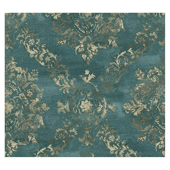 A.S. Création My Home My Spa Vliestapete Damask - Blau-Metallic, Ornament, 10,05 x 0,53 m - Nahaufnahme des Textildesigns, das ein detailreiches, goldenes Muster auf einem türkisfarbenen Stoff zeigt. Die luxuriöse Textur eignet sich perfekt für Polster.