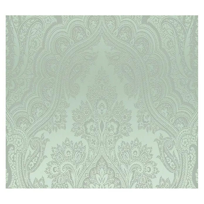 A.S. Création My Home My Spa Vliestapete Damask Paisley - Grün, Ornament, 10,05 x 0,53 m - Nahaufnahme eines eleganten, pastellfarbenen Tapetenmusters mit filigranen floralen und Paisley-Elementen, ideal für stilvolle Interieurs.