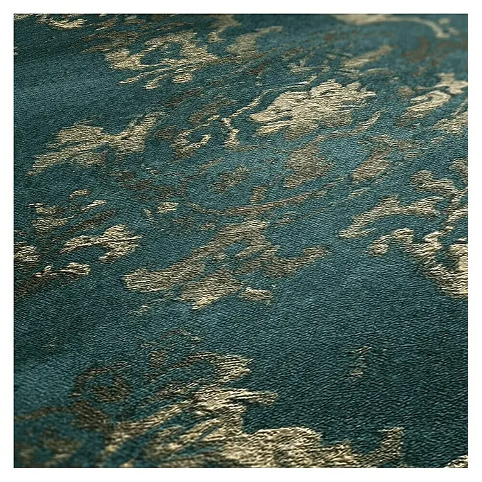 A.S. Création My Home My Spa Vliestapete Damask - Blau-Metallic, Ornament, 10,05 x 0,53 m - Nahaufnahme einer türkisfarbenen Textilie mit goldenem Muster, ideal für elegante Dekorationsprojekte.
