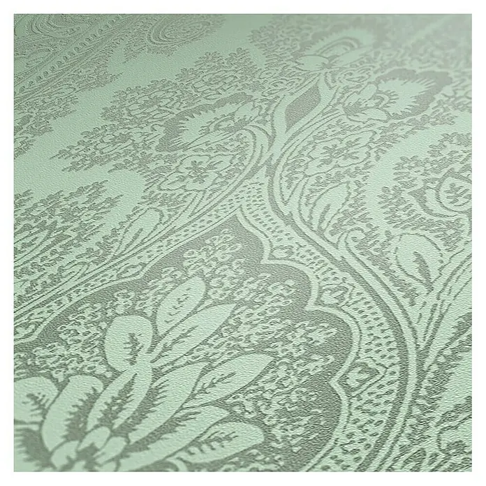 A.S. Création My Home My Spa Vliestapete Damask Paisley - Grün, Ornament, 10,05 x 0,53 m - Nahaufnahme eines detailreichen, hellgrünen Paisley-Musters auf einer Tapete, das eine elegante und klassische Textur zeigt.