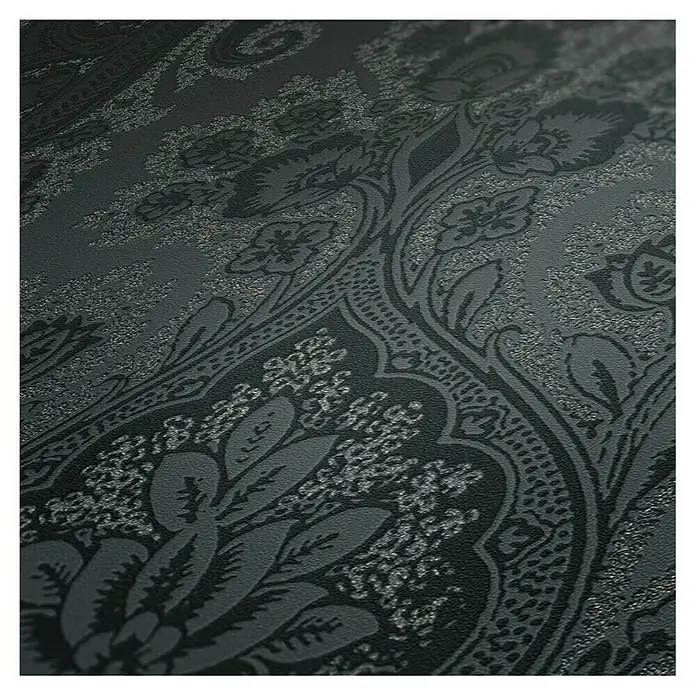 A.S. Création My Home My Spa Vliestapete Damask Paisley - Schwarz, Ornament, 10,05 x 0,53 m - Nahaufnahme einer schwarzen Tapete mit einem komplizierten, floralen Muster.