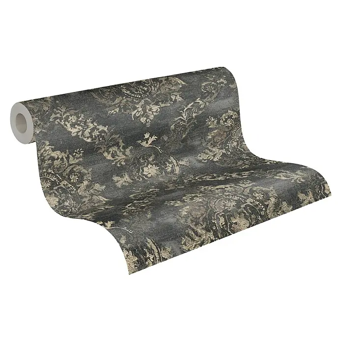 A.S. Création My Home My Spa Vliestapete Damask - Schwarz-Metallic, Ornament, 10,05 x 0,53 m - Gerolltes Tapetenmuster mit einem dunklen floralen Design und metallischen Akzenten, ideal für eine stilvolle Wanddekoration.