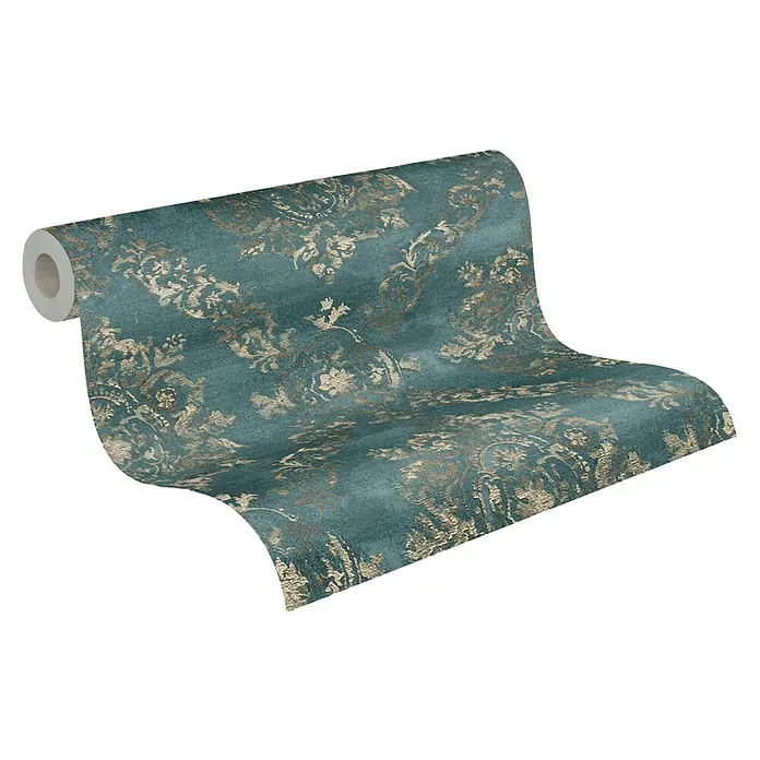 A.S. Création My Home My Spa Vliestapete Damask - Blau-Metallic, Ornament, 10,05 x 0,53 m - Eine Rolle türkisfarbener Tapete mit einem goldenen, strukturierten Muster, die eine elegante und luxuriöse Atmosphäre schafft.