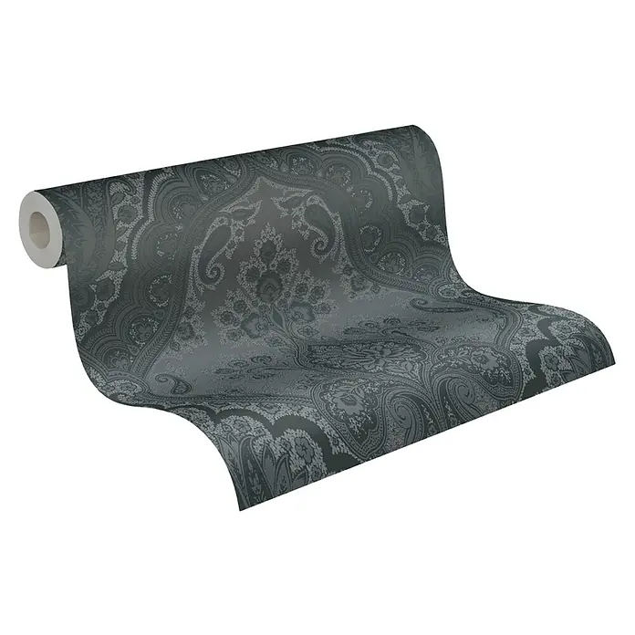 A.S. Création My Home My Spa Vliestapete Damask Paisley - Schwarz, Ornament, 10,05 x 0,53 m - Eine Rolle grauer Tapete mit einem eleganten Paisley-Muster, ideal für stilvolle Wanddekorationen und zur Verschönerung von Innenräumen.