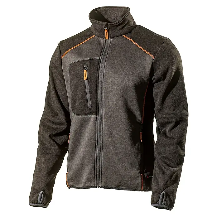 L.Brador Fleecejacke 6195P - Schwarz/Grau, XL - Abgebildete schwarze Arbeitsfleecejacke mit farblich abgesetzten Ziernähten und praktischen Taschen.
