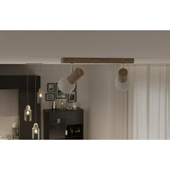 Spotlight Deckenstrahler Svenda - 120 W, L x B x H: 37 x 9 x 18 cm, Eiche, E27 - Deckenleuchte mit Holzbalken und zwei Lampen mit mattweißen Kugeln für eine moderne Beleuchtung im Raum.