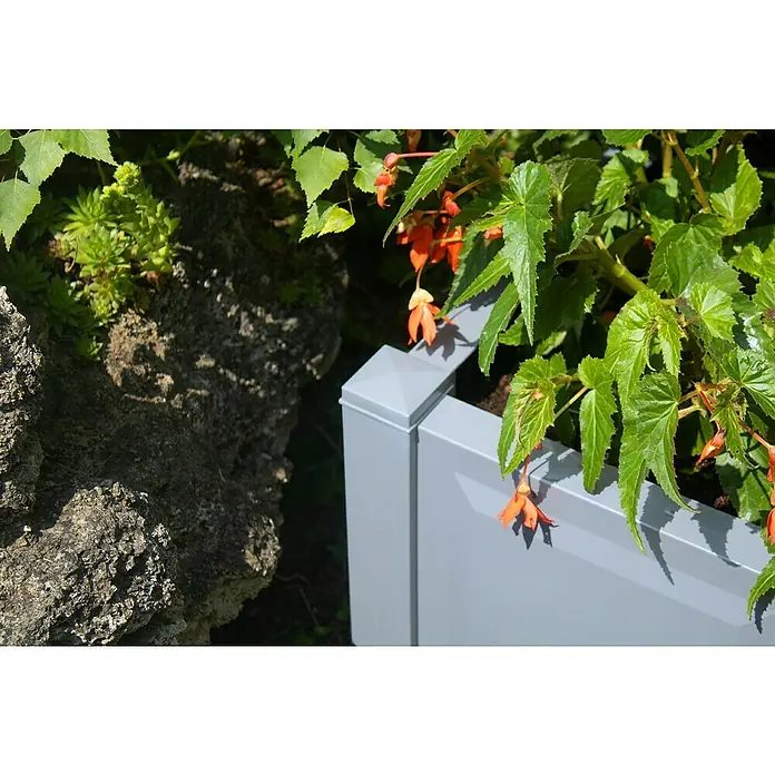 KHW Pflanzkasten - Außenmaß (L x B x H): 100 x 43 x 41 cm, Kunststoff, Grau - Nahaufnahme eines grauen Pflanzgefäßes aus Metall mit leuchtend orangefarbenen Blüten, das eine schöne Ergänzung für jeden Garten darstellt.