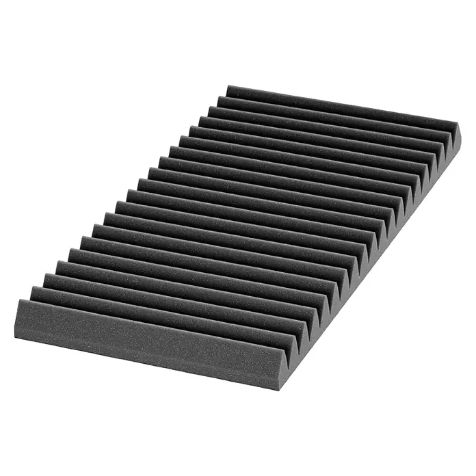 Noppenschaum Akupur - V-Profil, 100 x 50 x 7 cm, PU-Schaum - Bild eines grauen Akustikschaumstoffs mit Keilform zur Schallabsorption und Reduzierung von Echo in Räumen.
