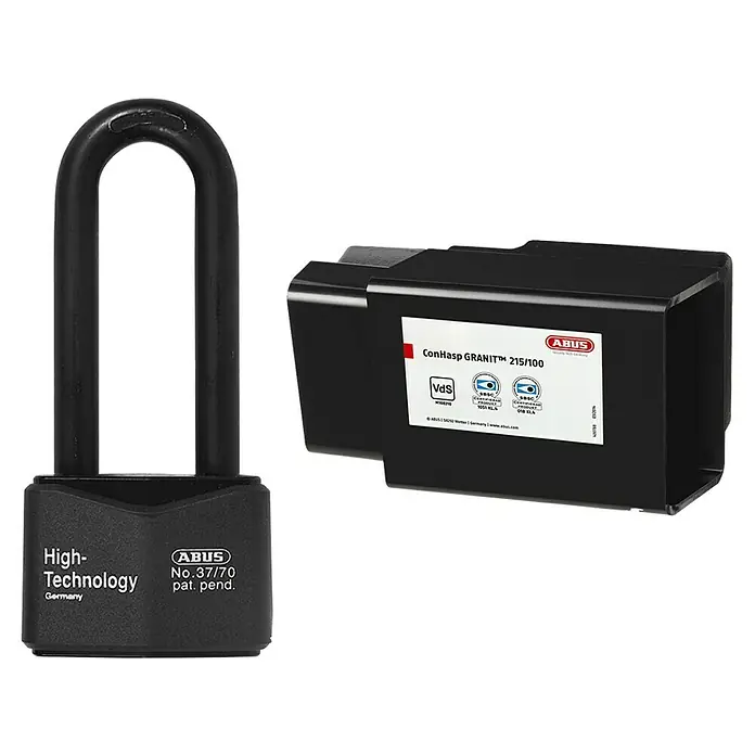 Abus Überfalle mit Vorhangschloss Überfalle ConHasp Granit 215/100 + Containerschloss 37RK/70 HB100 - Einsatzbereich: Container - Abus Granit 37/70 Vorhängeschloss und ConHasp Granit 215/100: Hochwertiges Sicherheitsprodukt für den anspruchsvollen Schutz.