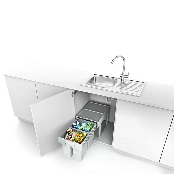 essensa Einbaumülleimer Easywaste - 30 l, Kunststoff, Grau, 1 x 16 l + 2 x 7 l Fassungsvermögen - Graues ausziehbares Mülltrennsystem mit mehreren Behältern unter einer Edelstahlspüle in weißen Küchenschränken, mit sortiertem Abfall.