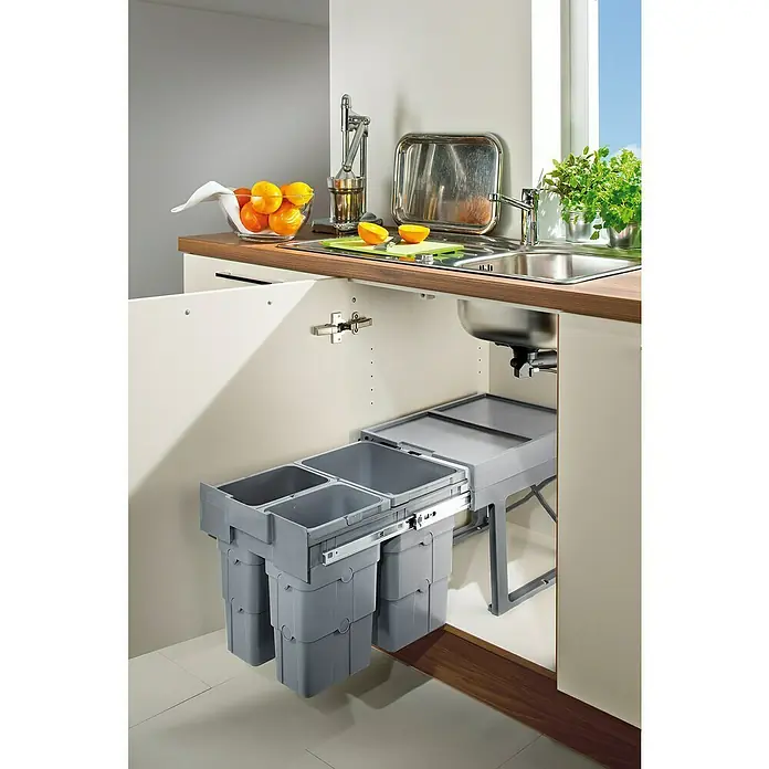 essensa Einbaumülleimer Easywaste - 30 l, Kunststoff, Grau, 1 x 16 l + 2 x 7 l Fassungsvermögen - Ausziehbarer Mülleimer unter der Spüle. Das Design bietet Platz für mehrere Abfallbehälter zur einfachen Mülltrennung.
