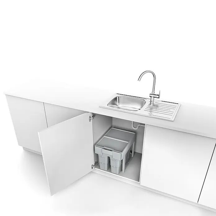 essensa Einbaumülleimer Easywaste - 30 l, Kunststoff, Grau, 1 x 16 l + 2 x 7 l Fassungsvermögen - Schrank mit ausziehbarem Abfallsystem unter einer Edelstahlspüle mit Abtropffläche und einem Chromhahn.