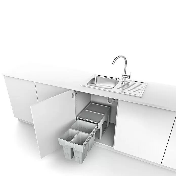 essensa Einbaumülleimer Easywaste - 30 l, Kunststoff, Grau, 1 x 16 l + 2 x 7 l Fassungsvermögen - Graue Kunststoff-Auszugsabfallbehälter unter Küchenspüle, zur Mülltrennung ausgezogen.