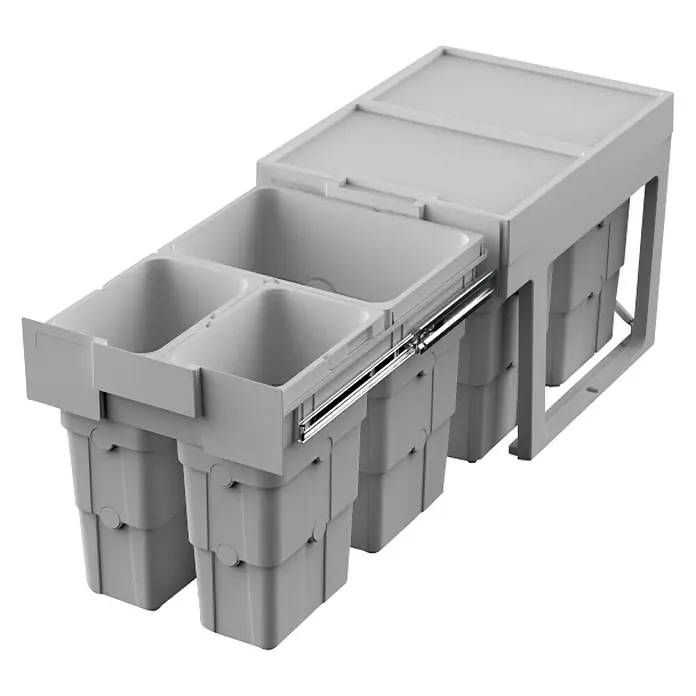 essensa Einbaumülleimer Easywaste - 30 l, Kunststoff, Grau, 1 x 16 l + 2 x 7 l Fassungsvermögen - Ein ausziehbarer Mülleimer mit zwei Behältern, ideal für die Küchenabfalltrennung. Das System ist grau und hat eine praktische Schienenführung.