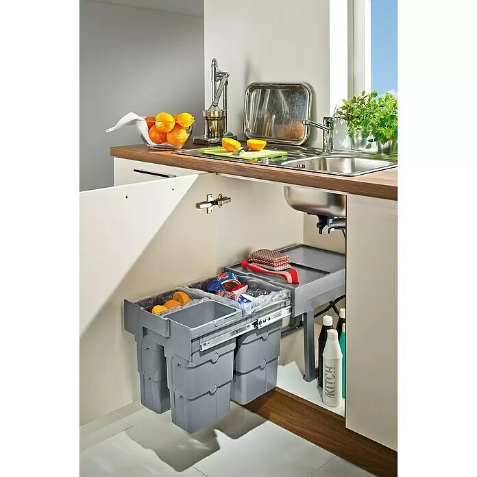 essensa Einbaumülleimer Easywaste - 30 l, Kunststoff, Grau, 1 x 16 l + 2 x 7 l Fassungsvermögen - Graues ausziehbares Mülltrennsystem mit mehreren Behältern unter einer Küchenspüle, inklusive Ablage für Reinigungszubehör.