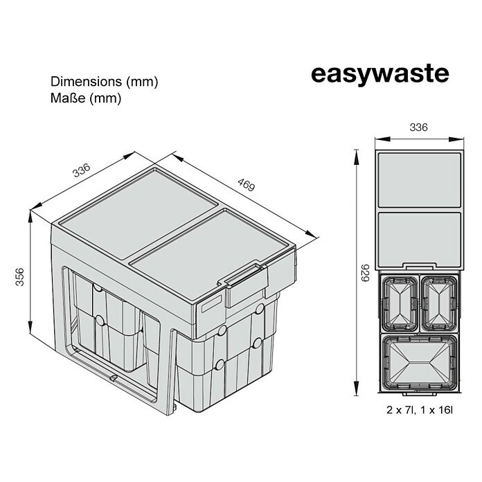 essensa Einbaumülleimer Easywaste3 herausnehmbare Inneneimer, Grau, Kunststoff Sketch