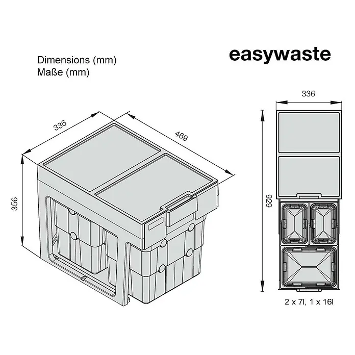 essensa Einbaumülleimer Easywaste - 30 l, Kunststoff, Grau, 1 x 16 l + 2 x 7 l Fassungsvermögen - Abbildung eines "easywaste" Abfallbehälters mit Maßangaben in Millimetern, zur Veranschaulichung der Produktabmessungen.