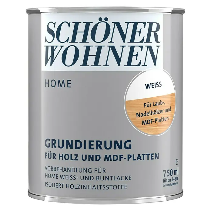 SCHÖNER WOHNEN-Farbe Home Grundierung für Holz und MDF-Platten - Weiß, 750 ml - Dose Schön Wohnen Home Grundierung für Holz und MDF-Platten, 750ml. Geeignet für Laub-, Nadelhölzer und MDF-Platten.