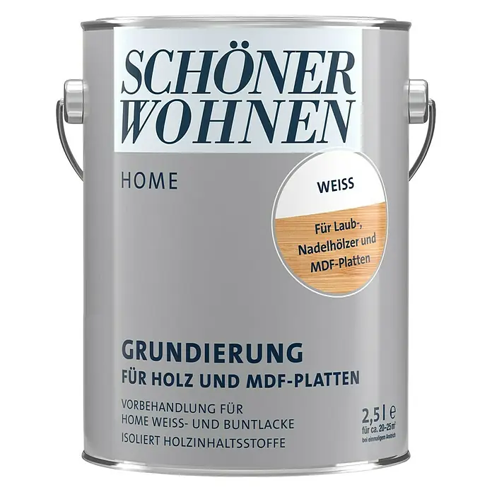 SCHÖNER WOHNEN-Farbe Home Grundierung für Holz und MDF-Platten - Weiß, 2,5 l - Dose Schönner Wohnen Home Grundierung für Holz und MDF-Platten, 2,5l für die Vorbehandlung von Holzoberflächen.