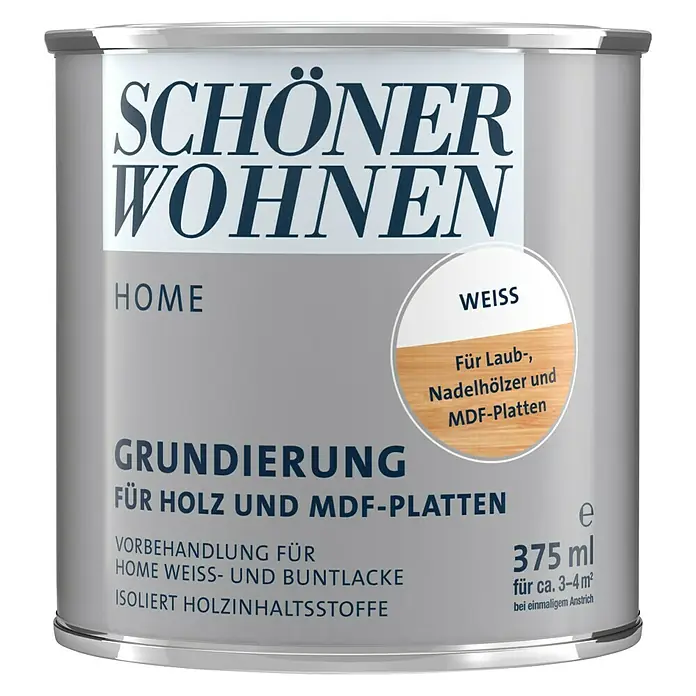SCHÖNER WOHNEN-Farbe Home Grundierung für Holz und MDF-Platten - Weiß, 375 ml - Dose Schönner Wohnen Home Grundierung, weiß, für Holz und MDF-Platten, 375 ml. Ideal zur Vorbehandlung und Isolierung von Holzinhaltsstoffen.