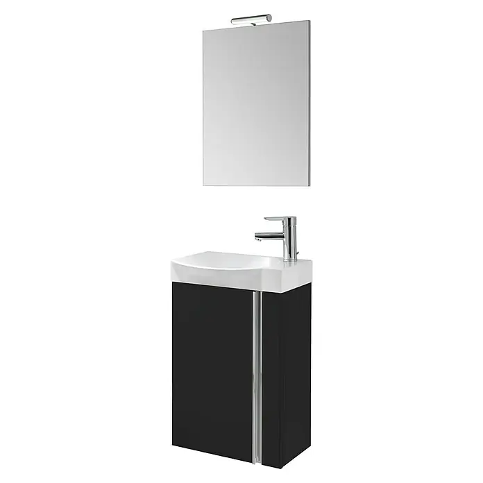 Riva Badmöbel-Set Elegance - Gesamtbreite Badmöbel: 45,2 cm, Schwarz - Ein modernes Badezimmer-Set mit einem eleganten Waschbeckenunterschrank in Schwarz und einem passenden Spiegel mit Beleuchtung.