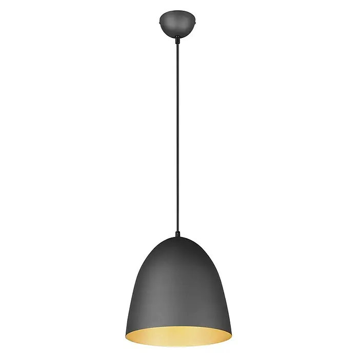 Reality Leuchten Pendelleuchte Tilda - 40 W, Höhe: 150 cm, Schwarz, gold, E27 - Nahaufnahme einer grauen Pendelleuchte mit goldener Innenseite, die ein warmes Licht ausstrahlt. Elegantes Design für moderne Innenräume.