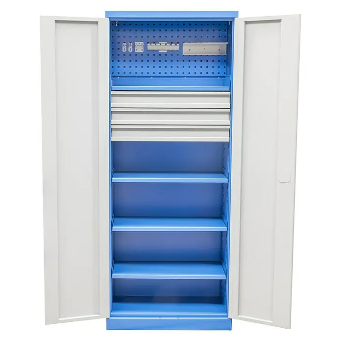 Güde Werkzeugschrank Universal - L x B x H: 193 x 38 x 79 cm - Geräumiger Werkzeugschrank in Blau und Weiß mit offenen Türen, der viel Stauraum für Werkzeuge und Zubehör bietet.