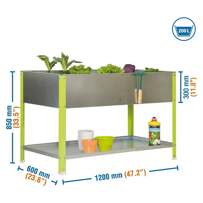 Simonrack Simongarden Huerto urbano Urban Top - 85 x 120 x 60 cm, Aluminio, Verde/Galvanizado - Mesa de cultivo de 1200x600x850 mm, ideal para jardines o balcones, con una práctica estantería.