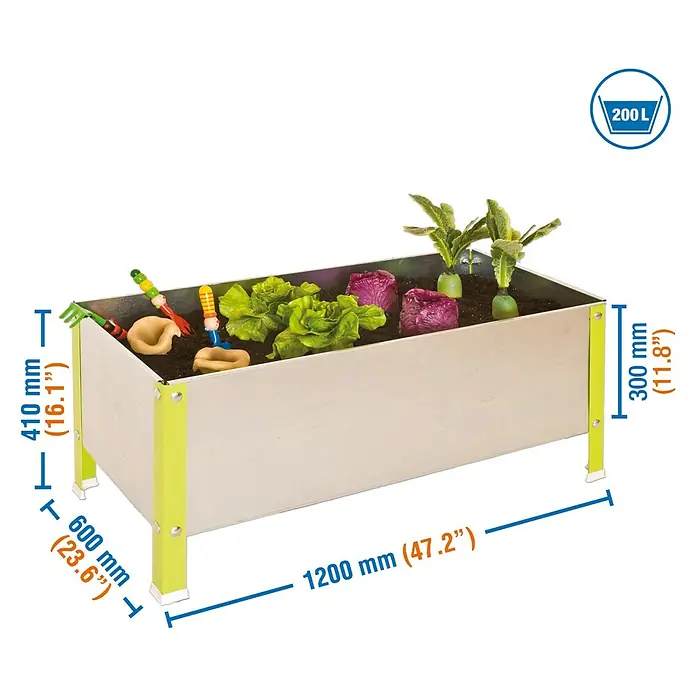 Simonrack Simongarden Huerto urbano Urban - 410 x 1.200 x 610 cm, Aluminio, Verde/Galvanizado - Imagen de un huerto elevado rectangular con patas verdes y plantado con lechuga, rábanos y herramientas de juguete.