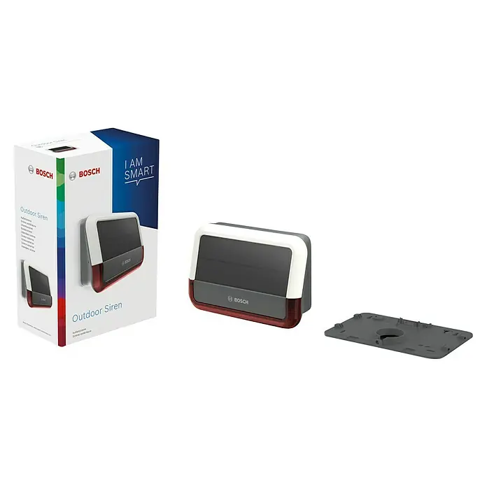 Bosch Smart Home Außensirene - 100 dB - Bosch Außensirene mit Verpackung und Montageplatte. Die Sirene ist weiß/grau mit rotem Licht und "Bosch"-Logo.