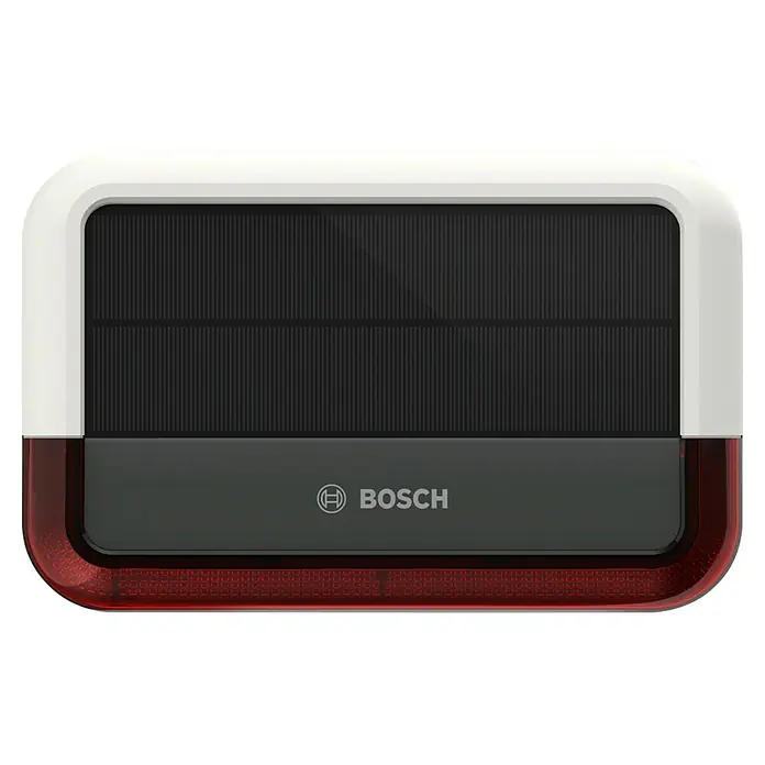 Bosch Smart Home Außensirene - 100 dB - Bosch Alarmsirene mit einem weißen Gehäuse und einer roten Lichtleiste für den Einsatz im Alarmsystem.